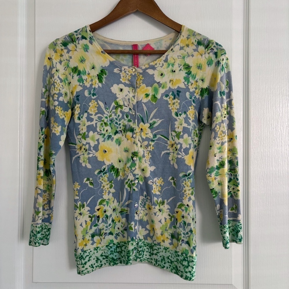 Charlotte Tarantola Blue Floral Silk Blend Cardigan Sweater Small Cottagecore